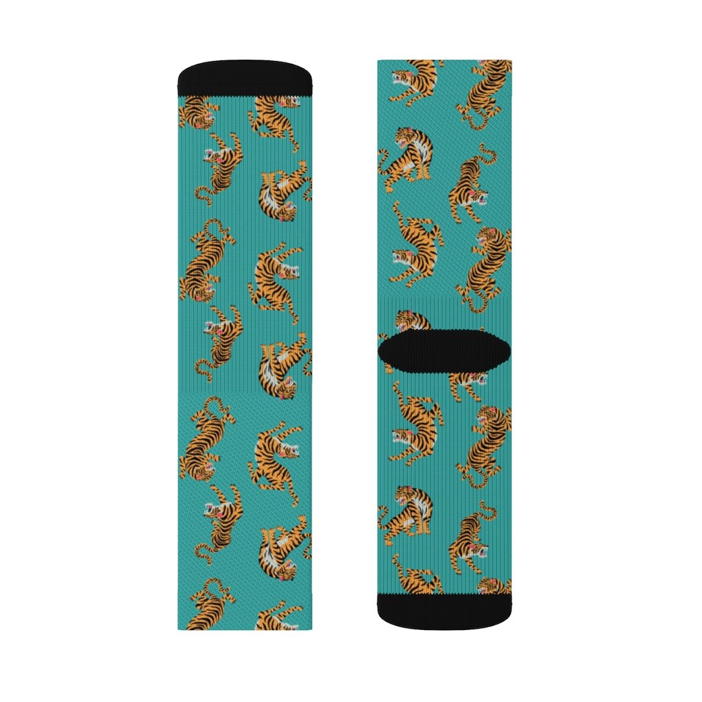 Yellow Pandora Tiger Fun novelty socks featuring playful tiger patterns and vibrant colors on soft, comfortable fabric.