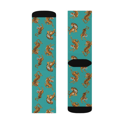 Yellow Pandora Tiger Fun novelty socks featuring playful tiger patterns and vibrant colors on soft, comfortable fabric.