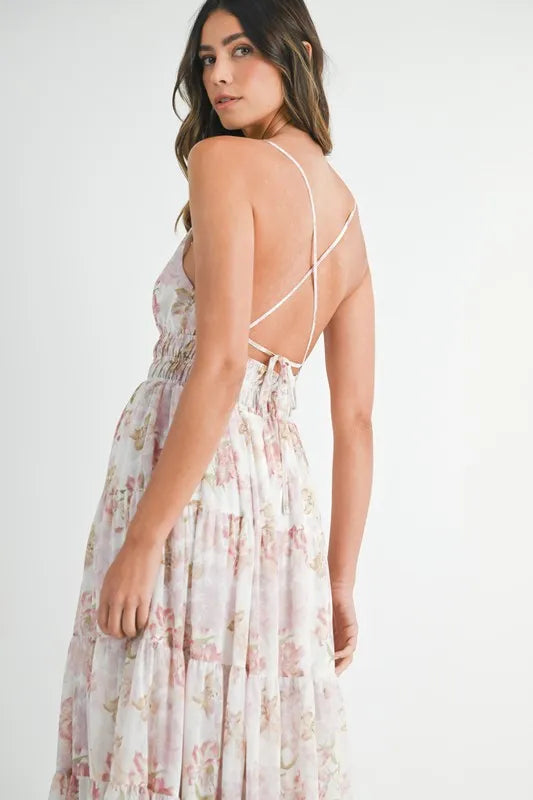 Pear Daisy floral print tiered cami maxi dress with a flowing design, perfect for casual summer wear.