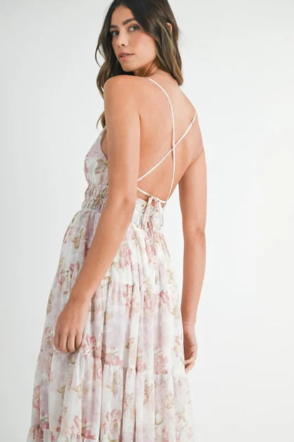 Pear Daisy floral print tiered cami maxi dress with a flowing design, perfect for casual summer wear.