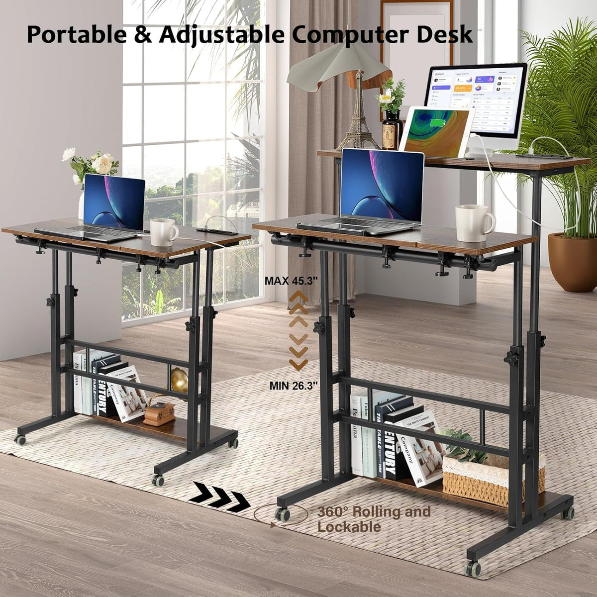 Mobile Laptop Standing Desk Adjustable Height Wheels