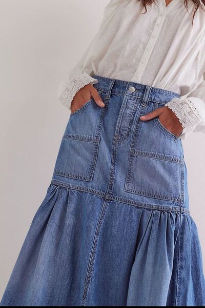 Taupe Oliver MUNSIEUR bohemian denim midi skirt with flowy design and pockets, styled for casual or boho looks.