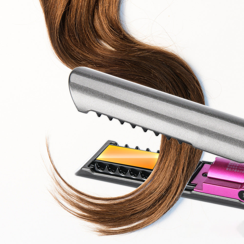 Maroon Asteria USB wireless charging hair straightener with ceramic plates and sleek black design for easy styling.