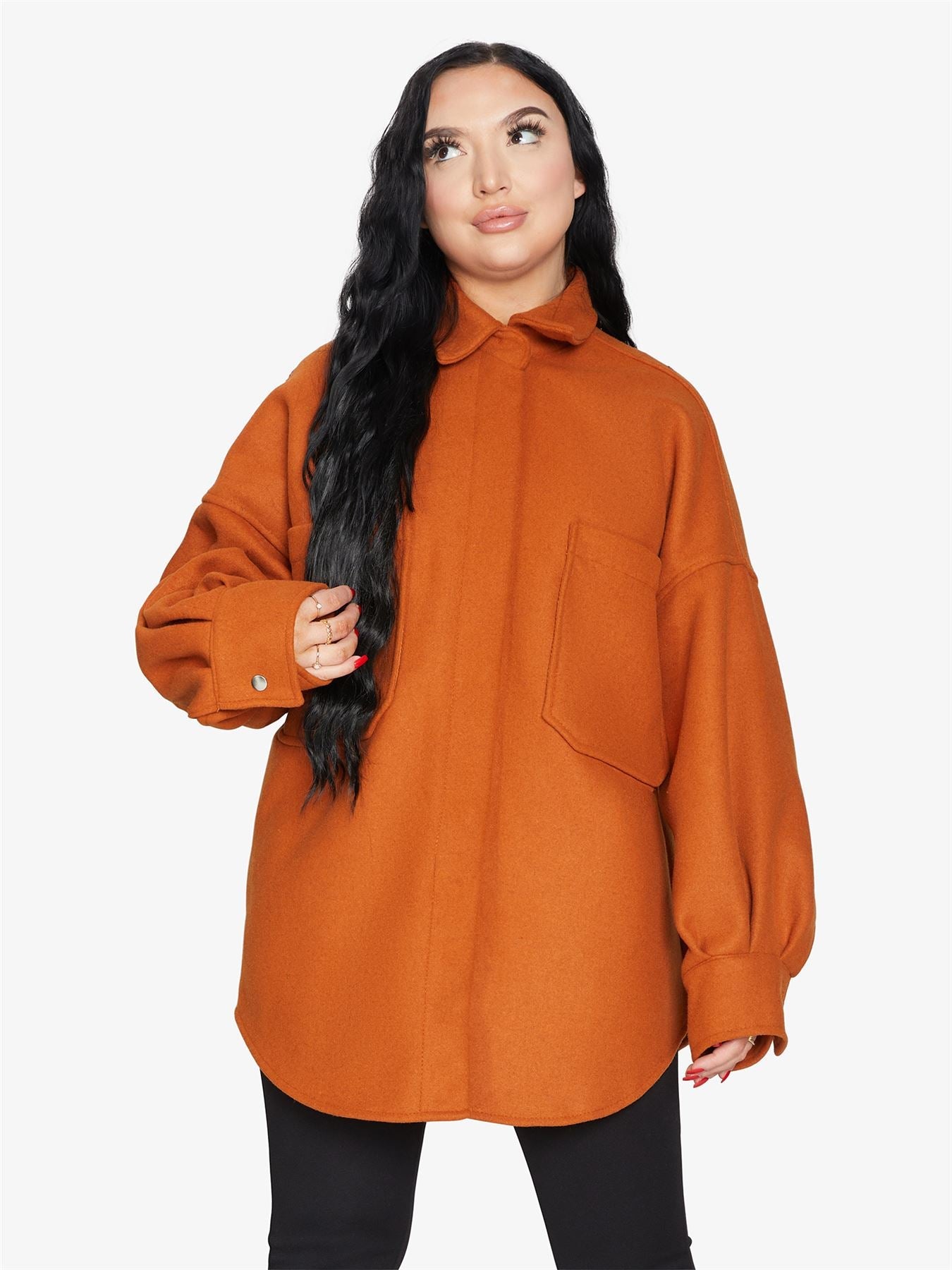 Rose Eleusis oversized patch pocket shacket, a stylish jacket with large front pockets and a relaxed fit, perfect for casual wear.