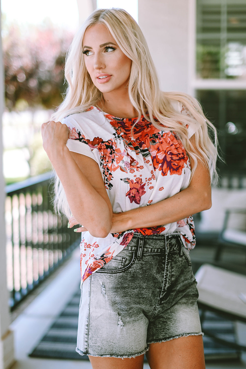 Fiery red floral short sleeve blouse with round neck from Carmine Juneberry, stylish tops and blouses for casual or dressy wear.
