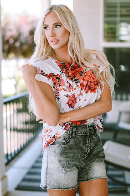 Fiery red floral short sleeve blouse with round neck from Carmine Juneberry, stylish tops and blouses for casual or dressy wear.