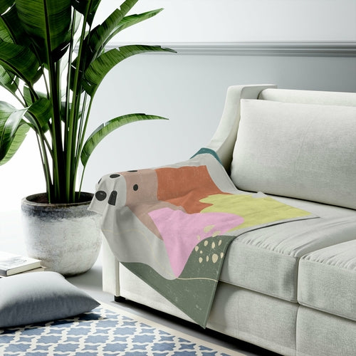 Yellow Pandora abstract vase plush throw blanket with modern design, soft and cozy home decor accessory.