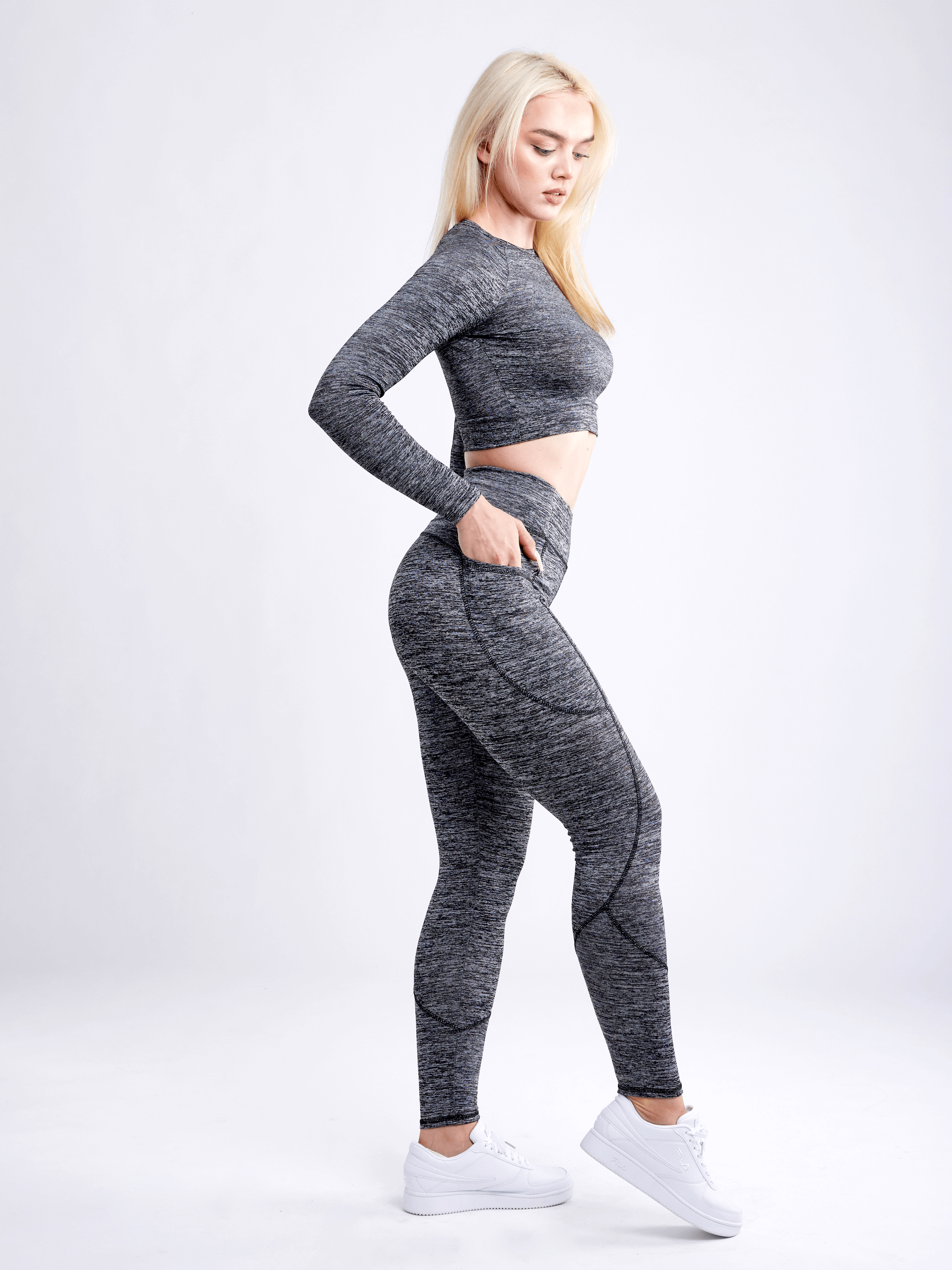 Black Lavender JupiterGear long-sleeve crop top, activewear, lightweight fabric with fitted design, suitable for workout or casual wear.