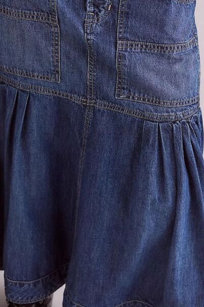 Taupe Oliver MUNSIEUR Bohemian denim midi skirt with flowy fabric and pockets, styled with a T-shirt.