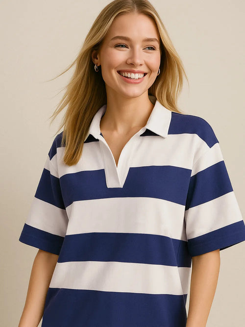 Pear Daisy Oh Pima Cotton color block Johnny collar half sleeve top, casual home wear in soft wash fabric with stylish design.