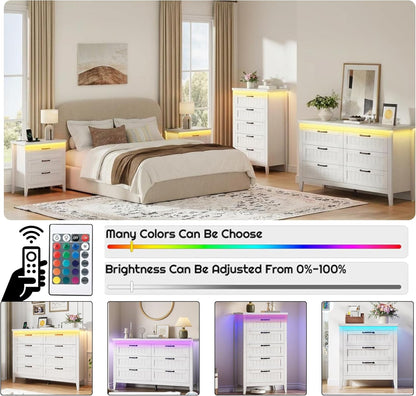 White Slim Modern Six Drawer Dresser With USB Charging