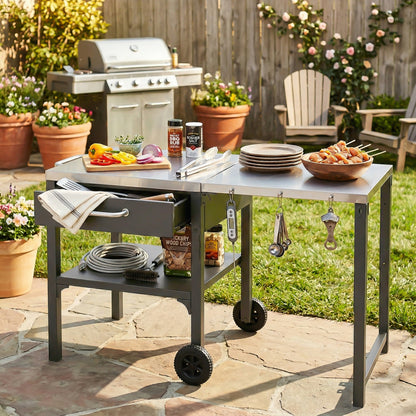Foldable outdoor kitchen cart by Sangria Beech, portable prep station with ample work surface and storage for outdoor cooking.