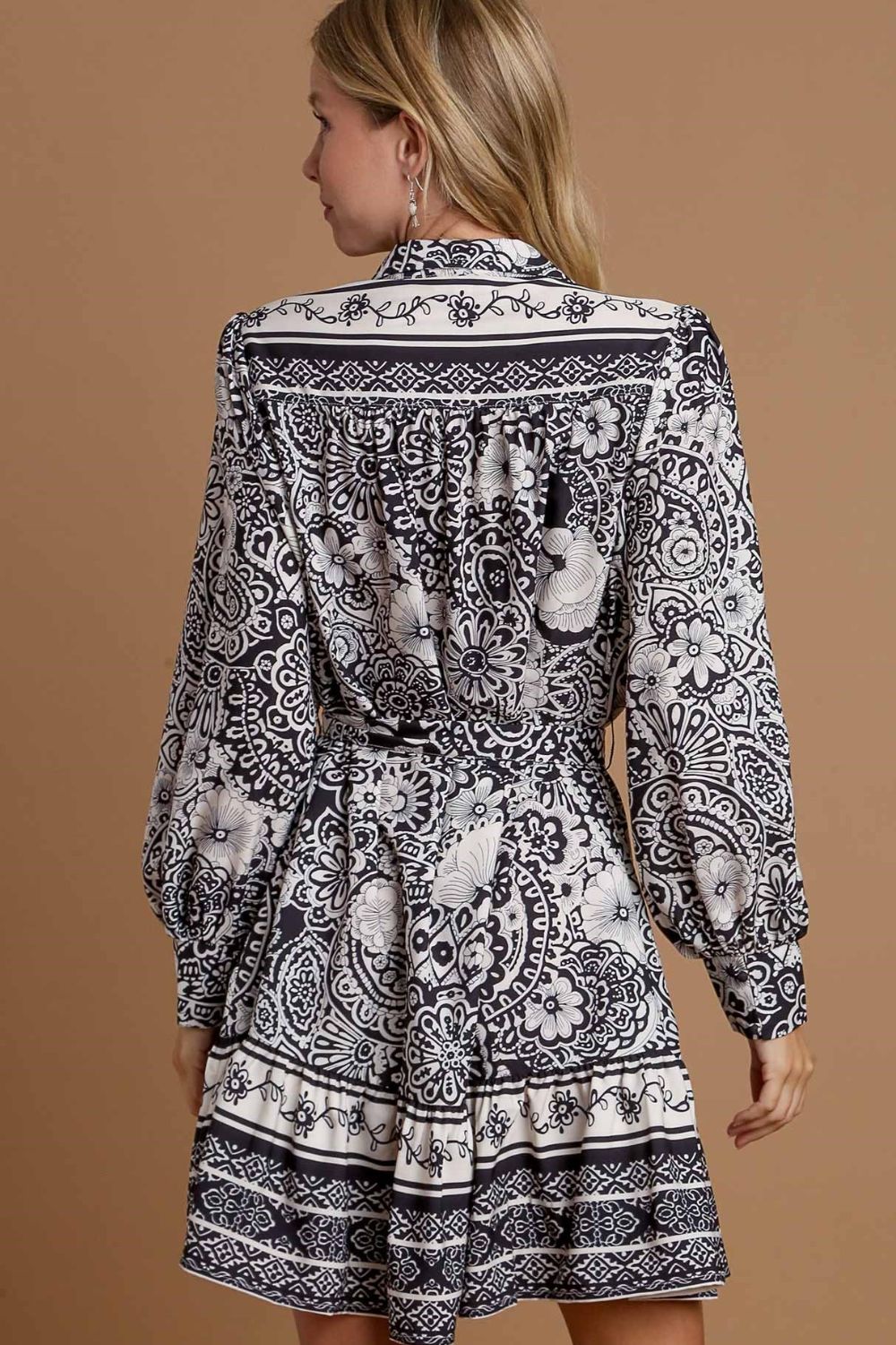 Two-tone floral border print tie waist mini dress by Jade Icarus, showcasing a full-size women&