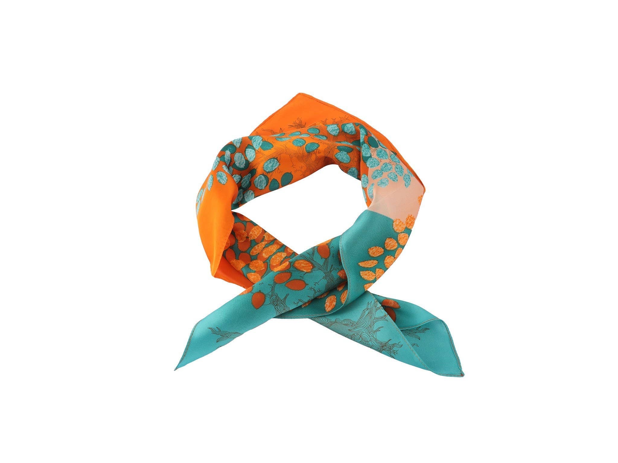 Lavender Tartarus teal silk fashion scarf draped over accessories, showcasing smooth silk fabric and elegant design.