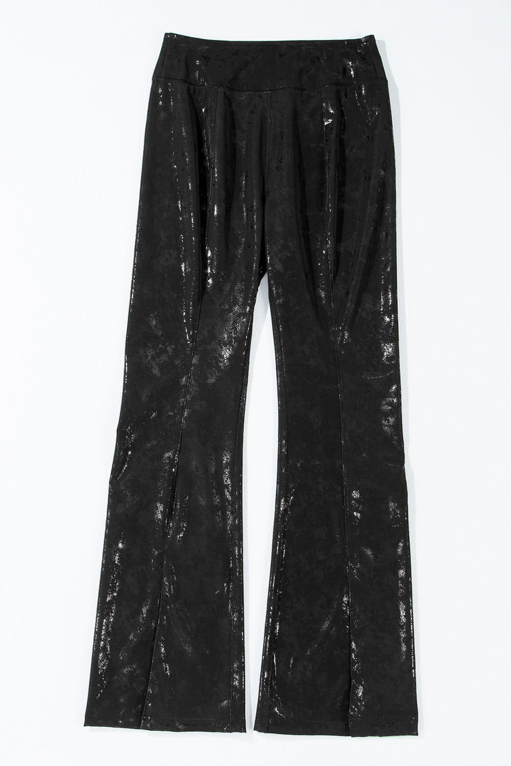 Black faux leather splits high waist leggings by Carmine Juneberry, showing the sleek, fitted design with split details at the hem.
