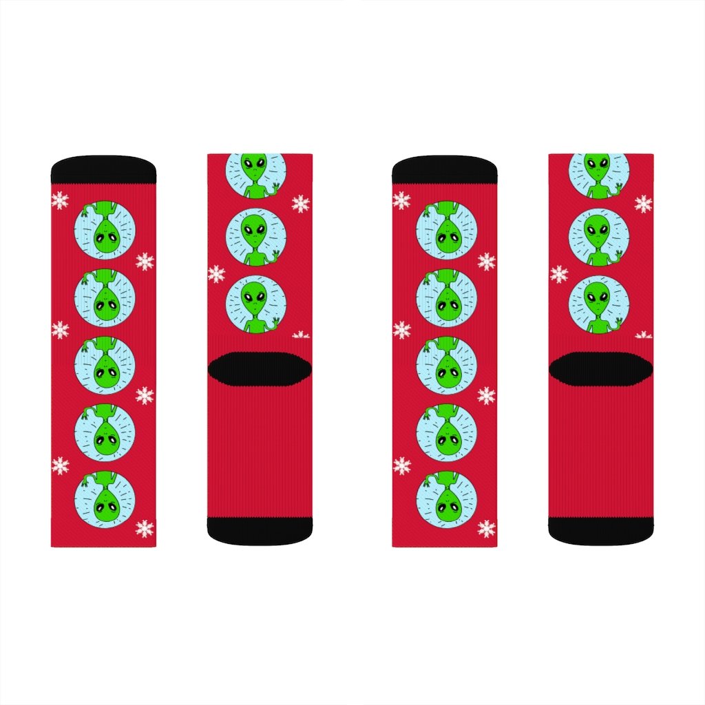 Yellow Pandora Holiday Weird Alien Socks featuring quirky alien designs on colorful fabric.