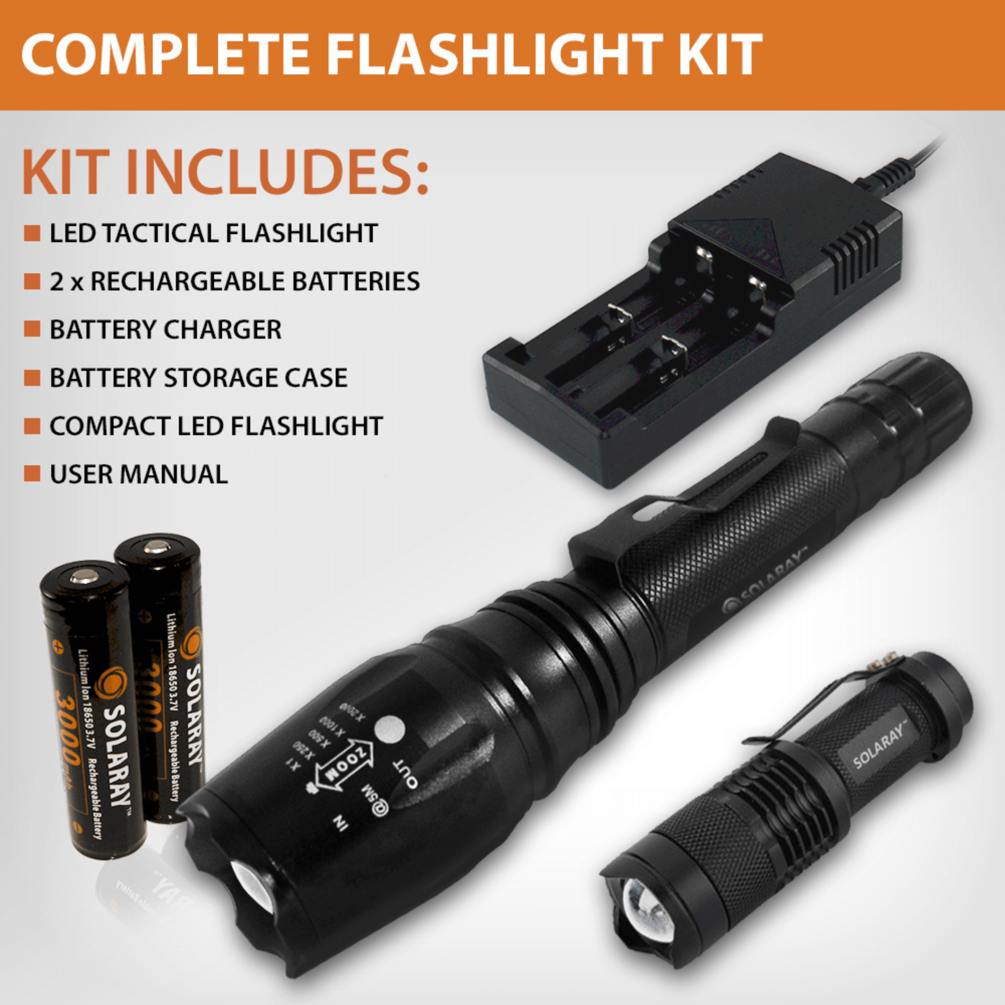 Black Lavender Solaray ZX-1XL 18650 LED tactical flashlight kit for camping, featuring a black flashlight with adjustable beam.