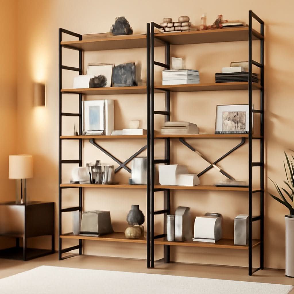 Pair Of 5 Shelf Bookcases Rustic Brown Industrial Tall