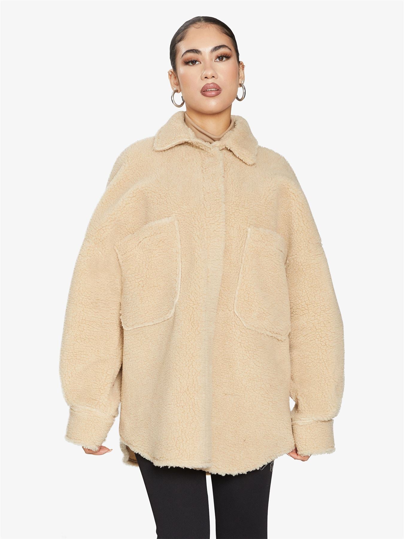 Rose Eleusis oversized patch pocket borg teddy shacket, cozy jacket with large patch pockets and plush borg material.