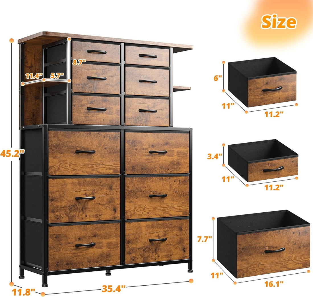 Rustic brown bedroom dresser with 12 drawers and built-in LED lights, made by Peach Maple, showcasing its ample storage and stylish design.