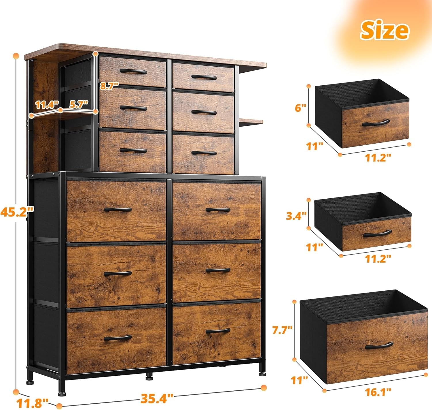 Rustic brown bedroom dresser with 12 drawers and built-in LED lights, made by Peach Maple, showcasing its ample storage and stylish design.