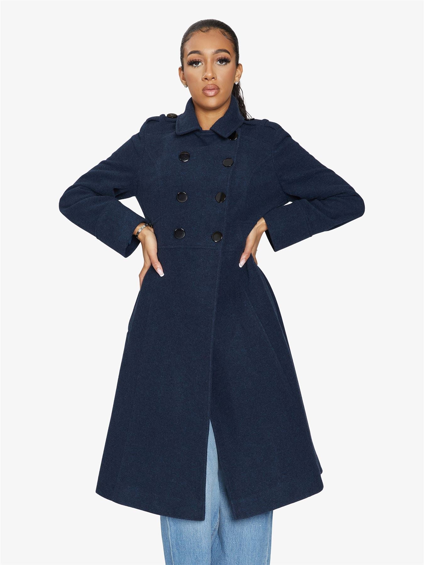 Rose Eleusis A-Line double-breasted coat, stylish jacket with a fitted waist and classic lapel collar, displayed on a hanger.