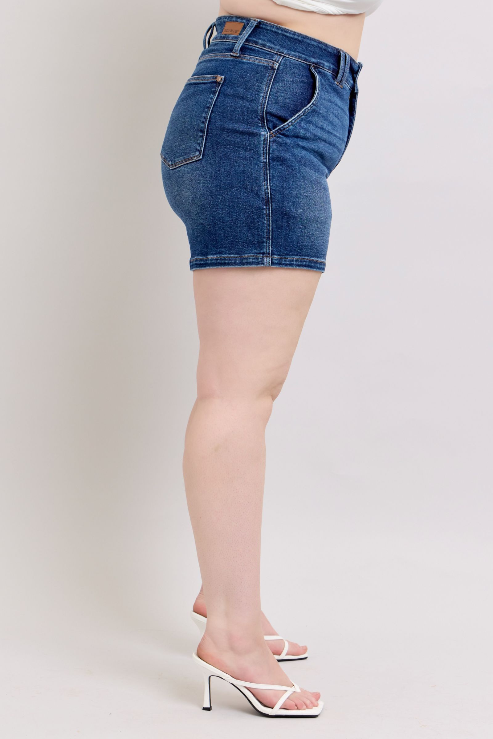 Judy Blue plus size denim shorts with double button waistband, showing front view and distressed details, by Jade Icarus.