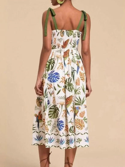 Carmine Juneberry tropical print tie-shoulder sweetheart neck midi dress with vibrant floral pattern and flowy fabric.
