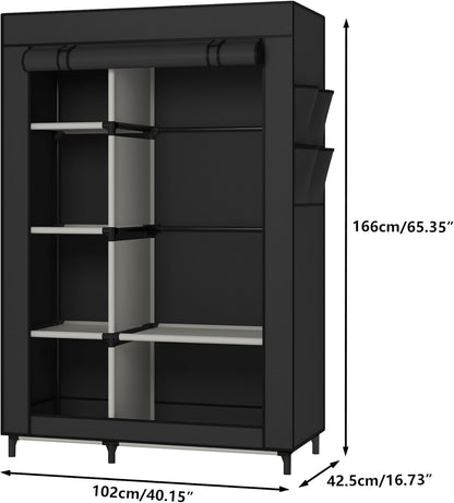 Black portable closet organizer with six shelves and hanging rod, made by Peach Maple, ideal for compact storage solutions.