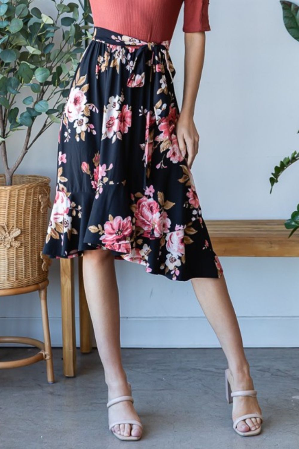 Automotive Jade Icarus Reborn J Floral Wrap Ruffle Hem Dress with vibrant floral pattern and ruffle hem detail.