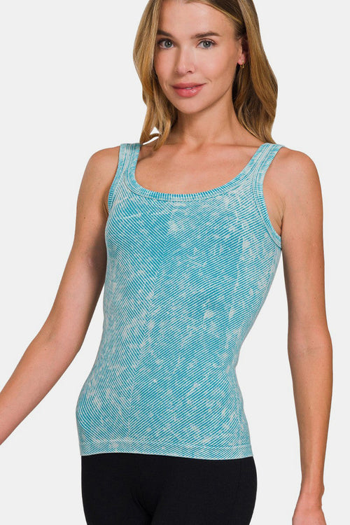 Automotive Jade Icarus Zenana ribbed scoop neck tank top with textured fabric and sleeveless design, displayed on a mannequin.