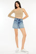 Jade Icarus automotive product image featuring Kancan high waist raw hem denim shorts with a distressed finish.