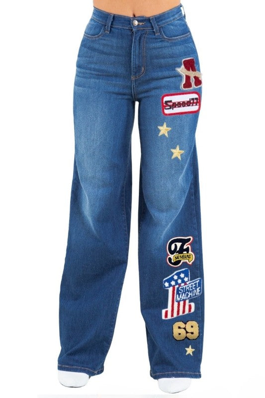 Jade Icarus Camila Varsity Wide Leg Jean for automotive use, featuring a stylish wide-leg design and varsity-inspired details.