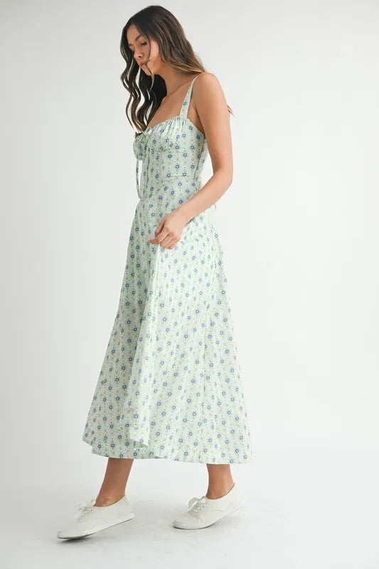 Floral print bustier back lace-up midi dress by Pear Daisy, stylish home and garden decor with elegant design details.