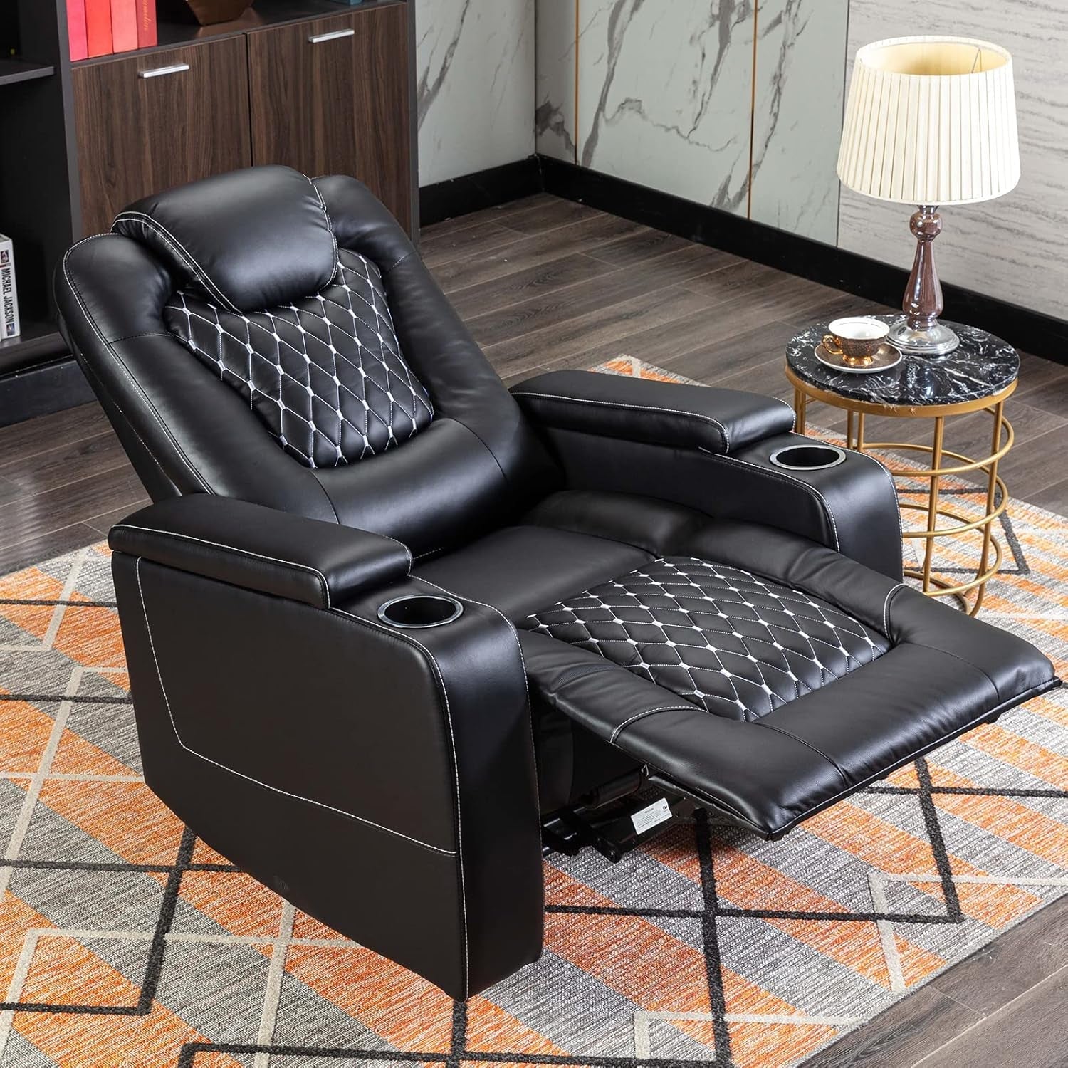 Black Peach Maple power recliner with USB ports and cup holders, showcasing plush upholstery and built-in convenience features.