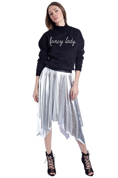 Silver metallic pleated midi skirt by Erin Theia, showcasing shiny fabric and elegant pleats for stylish accessories.