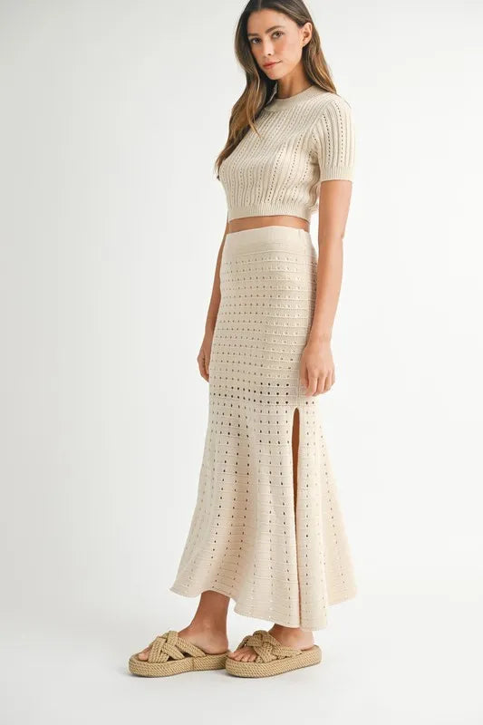 Pear Daisy MABLE Pointelle short sleeve crop top and slit skirt sweater set, cozy home and garden outfit with textured knit fabric.