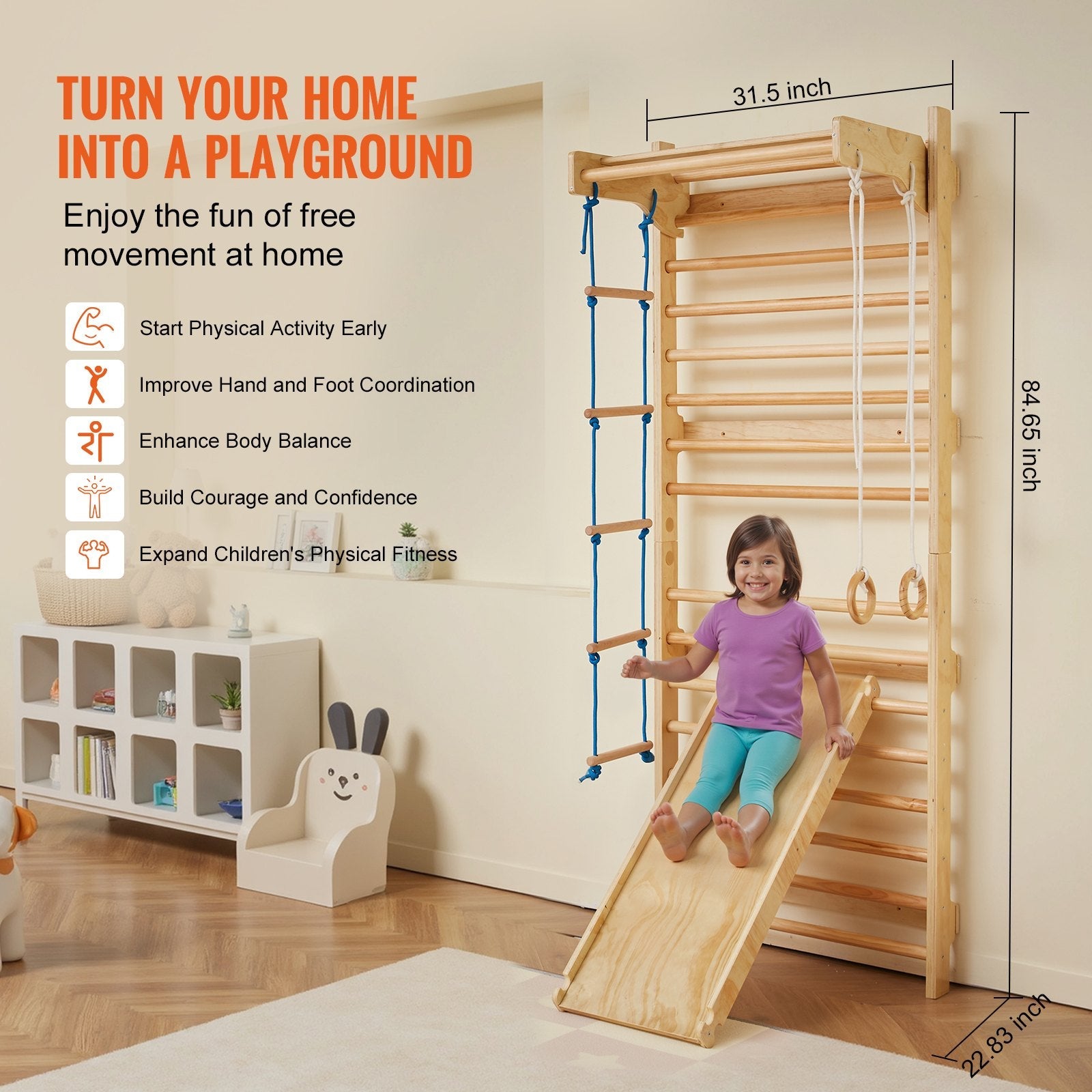 Pear Daisy Swedish Ladder Wall Gym 5-in-1 wooden indoor playground climbing toy for kids, mounted on a wall in a home setting.
