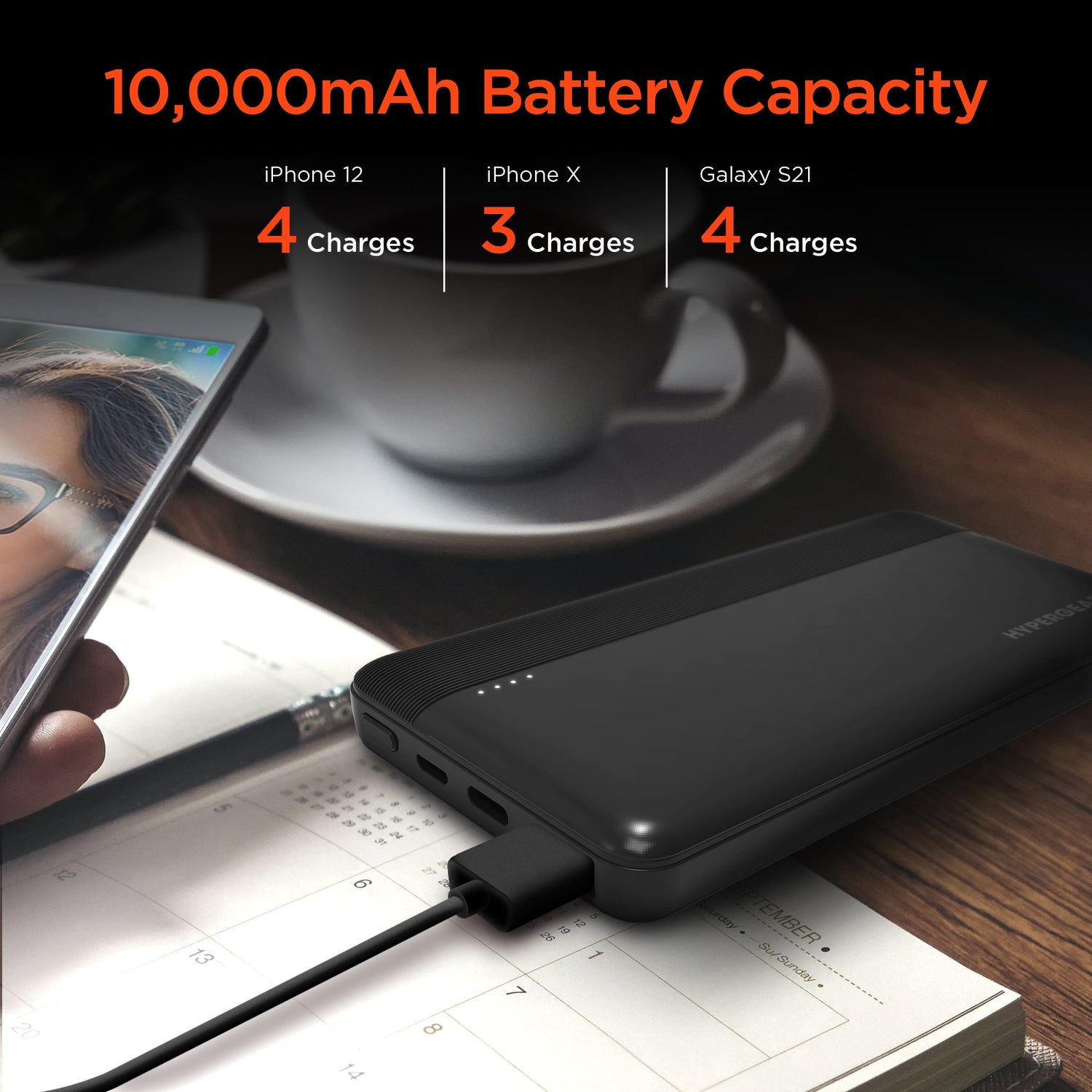Sky Iapetus HyperGear 10000mAh portable power bank with 20W PD and USB ports for mobile and laptop charging.