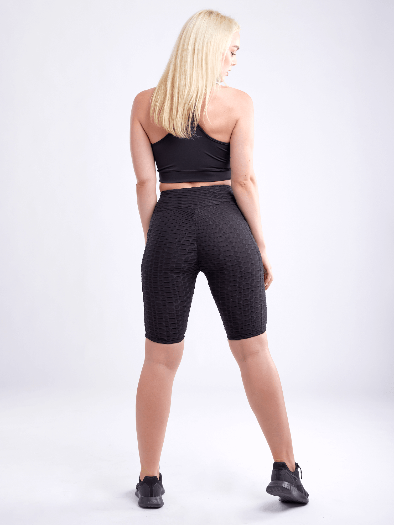 Black Lavender JupiterGear high-waisted scrunch yoga shorts with hip pockets, stretchy activewear for comfortable movement.