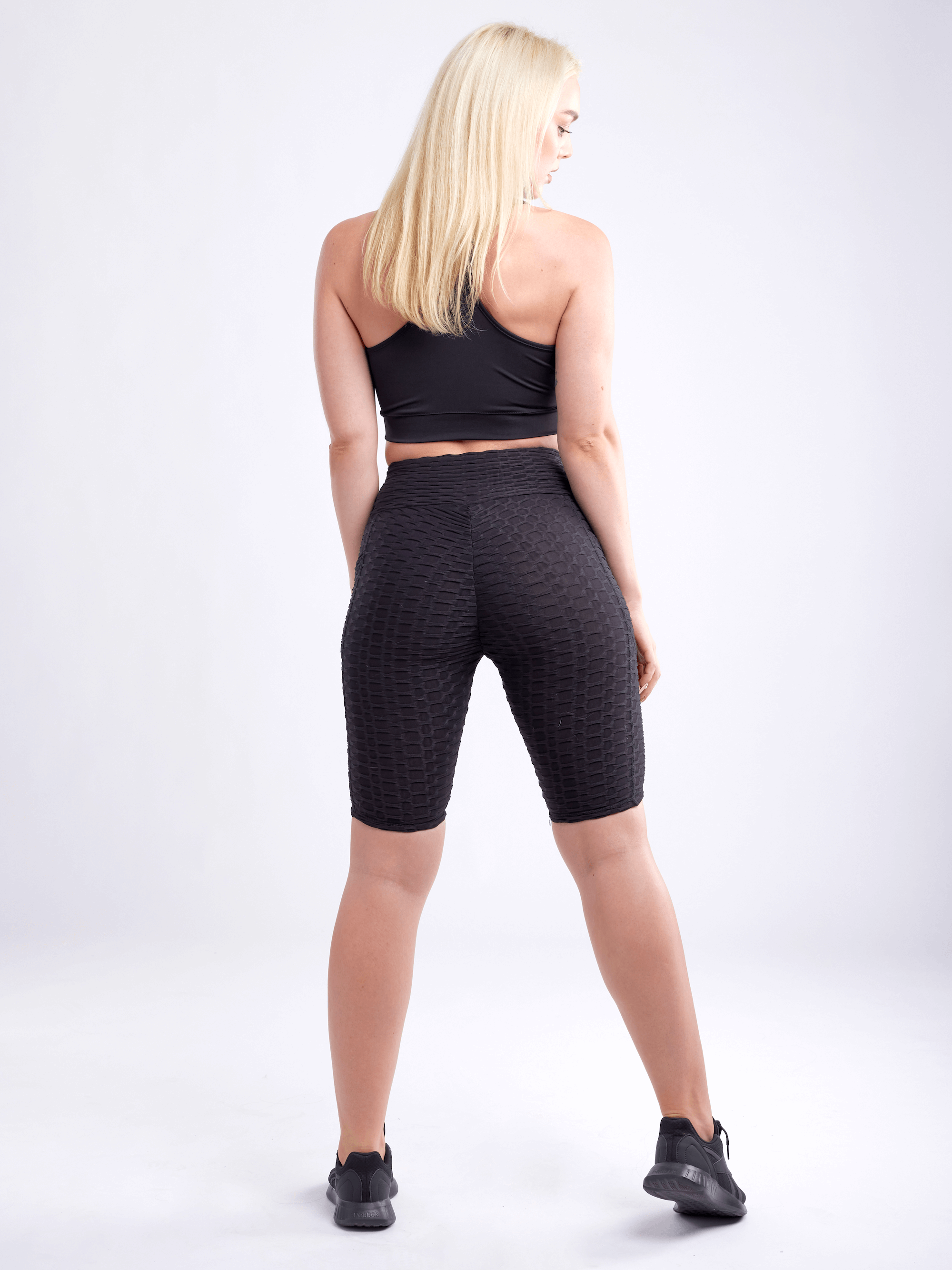 Black Lavender JupiterGear high-waisted scrunch yoga shorts with hip pockets, stretchy activewear for comfortable movement.