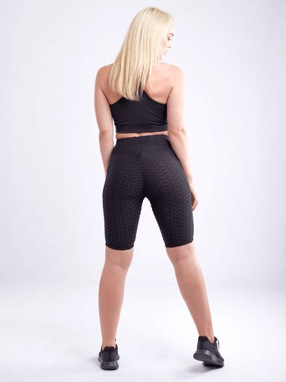 Black Lavender JupiterGear high-waisted scrunch yoga shorts with hip pockets, stretchy activewear for comfortable movement.