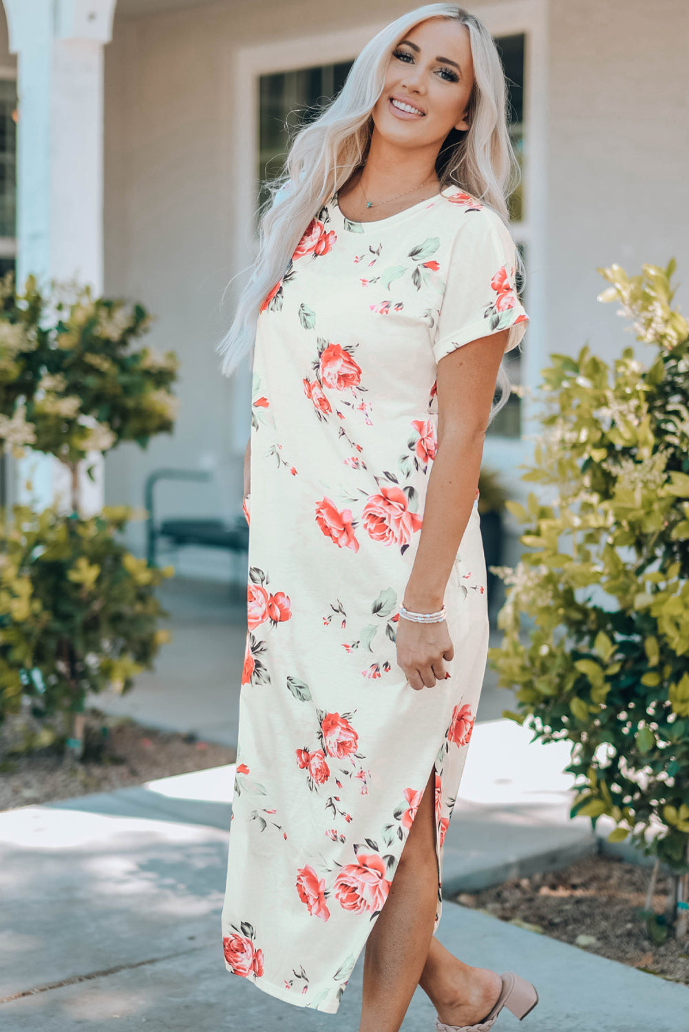 White floral print T-shirt dress with side slits from Harlequin Daisy, perfect for casual summer wear.