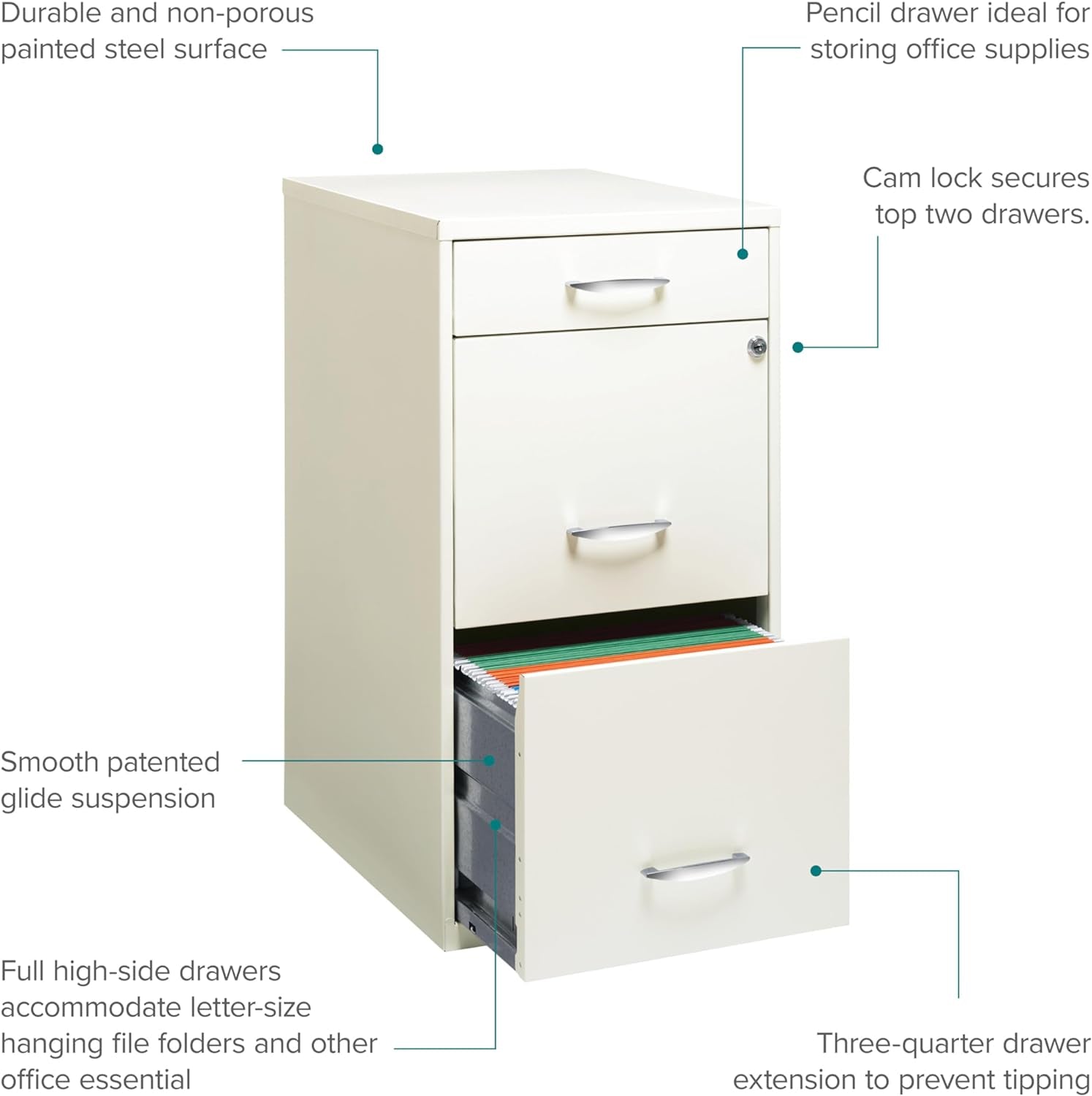 Peach Maple Hirsh 18-inch deep white metal file cabinet with three drawers, ideal for office or home organization.