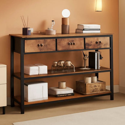 47-Inch Rustic Brown Console Table with 3 Drawers and Storage Shelves