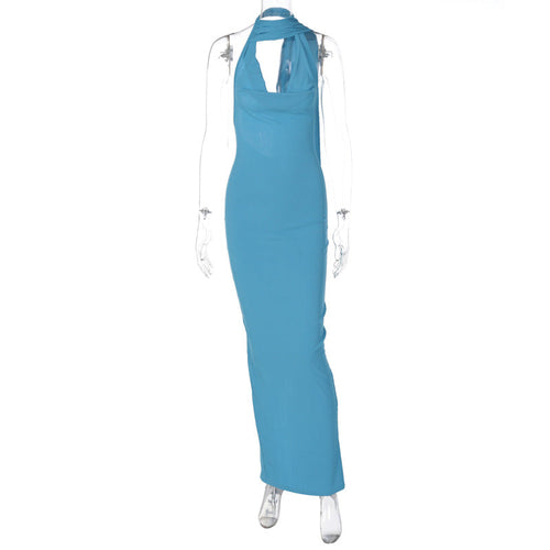 Green Alcestis Slim Backless Halter Neck Dress, showcasing a stylish dress with a backless design and halter neckline.