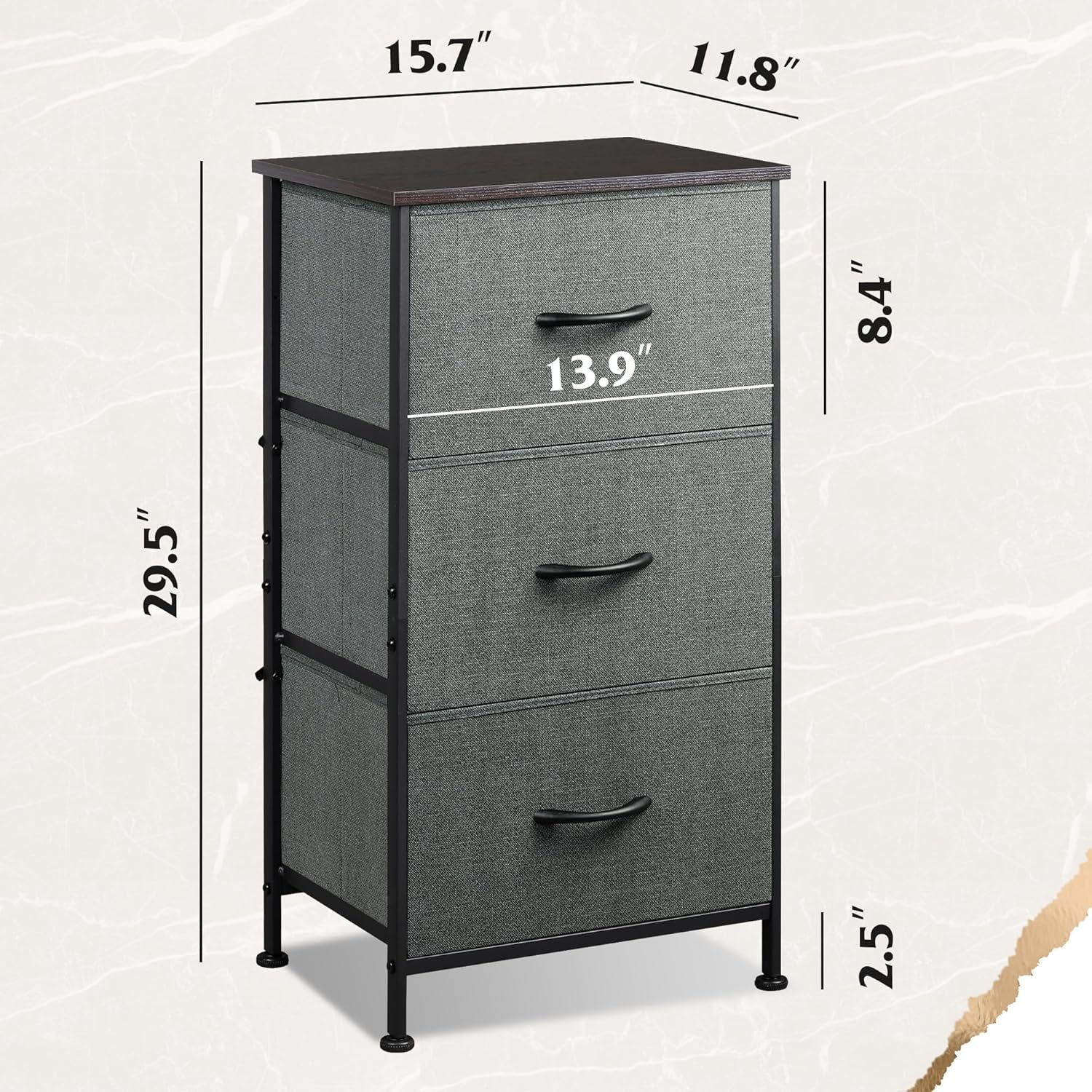 Dark grey Peach Maple dresser with three drawers, steel frame and wood top, modern furniture for bedroom storage.