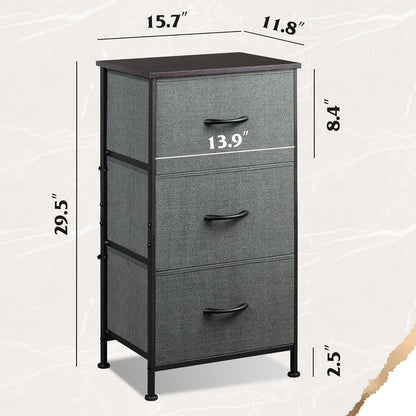 Dark grey Peach Maple dresser with three drawers, steel frame and wood top, modern furniture for bedroom storage.