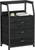 Black night stand with three fabric drawers and a two-tier shelf, Peach Maple furniture piece for bedroom storage.