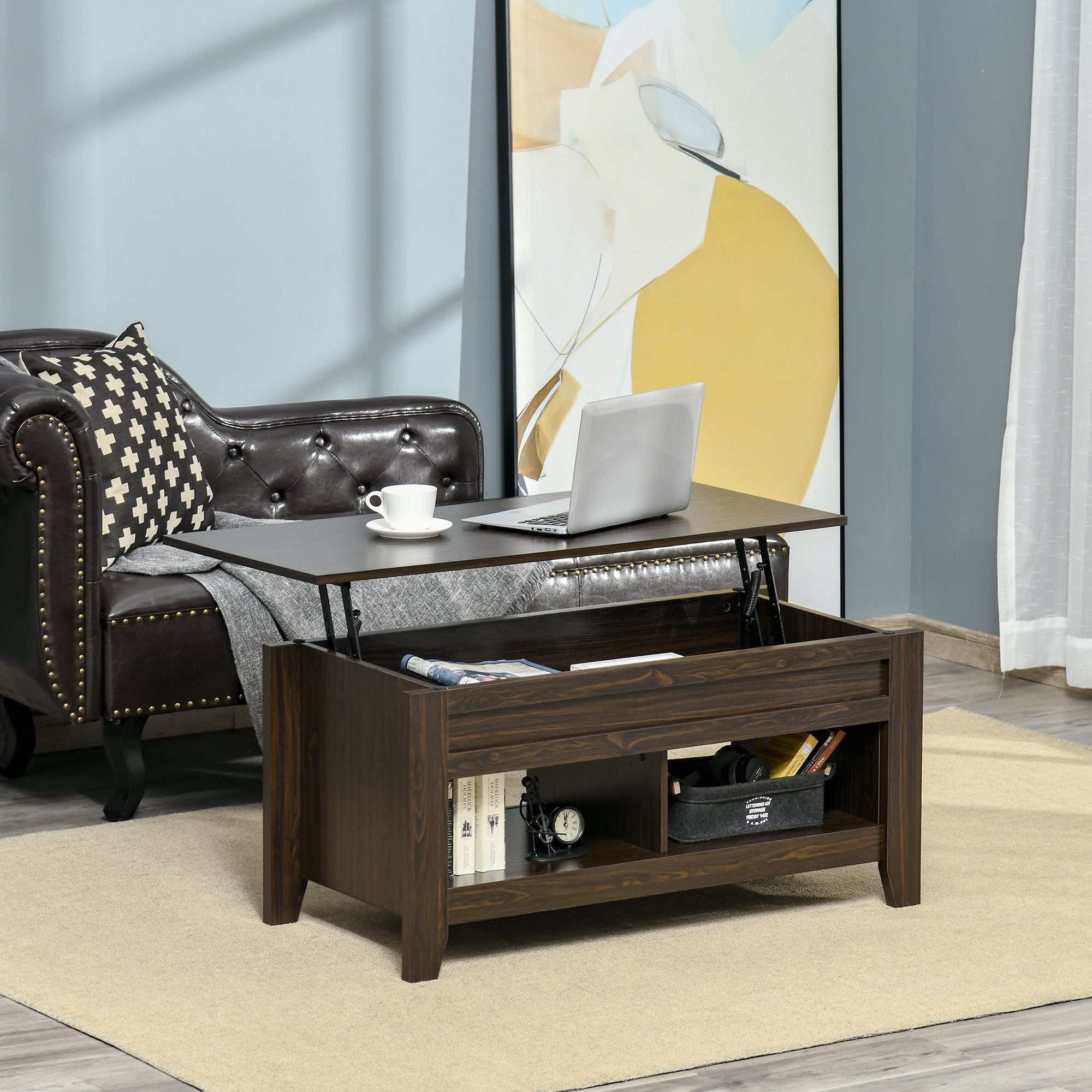 Taupe Shadow HOMCOM lift top coffee table with hidden storage and open shelf, showcasing its modern design and functional features.